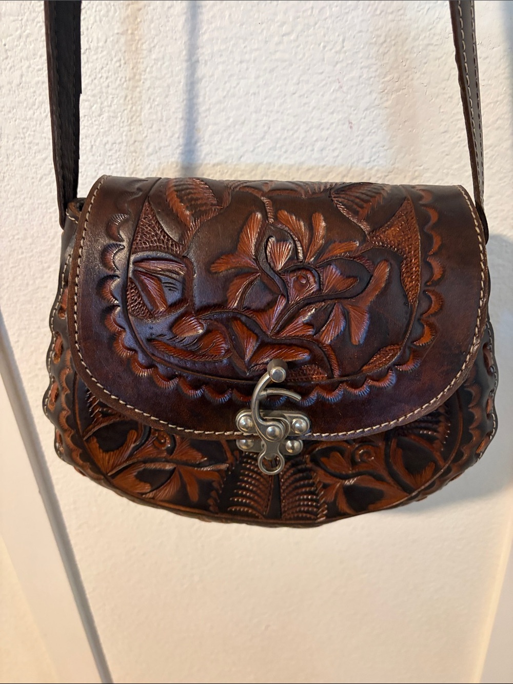 Hand-Tooled Floral Brown Leather Crossbody Bag